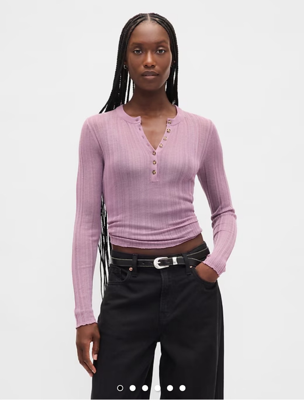 GAP Ribbed SheerHenley Long-Sleeve Top in Amethyst Purple
